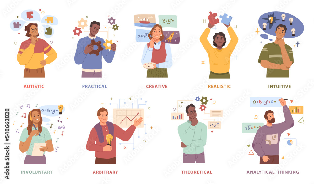 People with different types of thinking and mindset. Autistic and practical, creative and realistic, intuitive and involuntary, arbitrary and theoretical, analytical. Cartoon characters set, vector - obrazy, fototapety, plakaty 