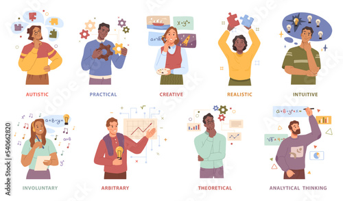 People with different types of thinking and mindset. Autistic and practical, creative and realistic, intuitive and involuntary, arbitrary and theoretical, analytical. Cartoon characters set, vector