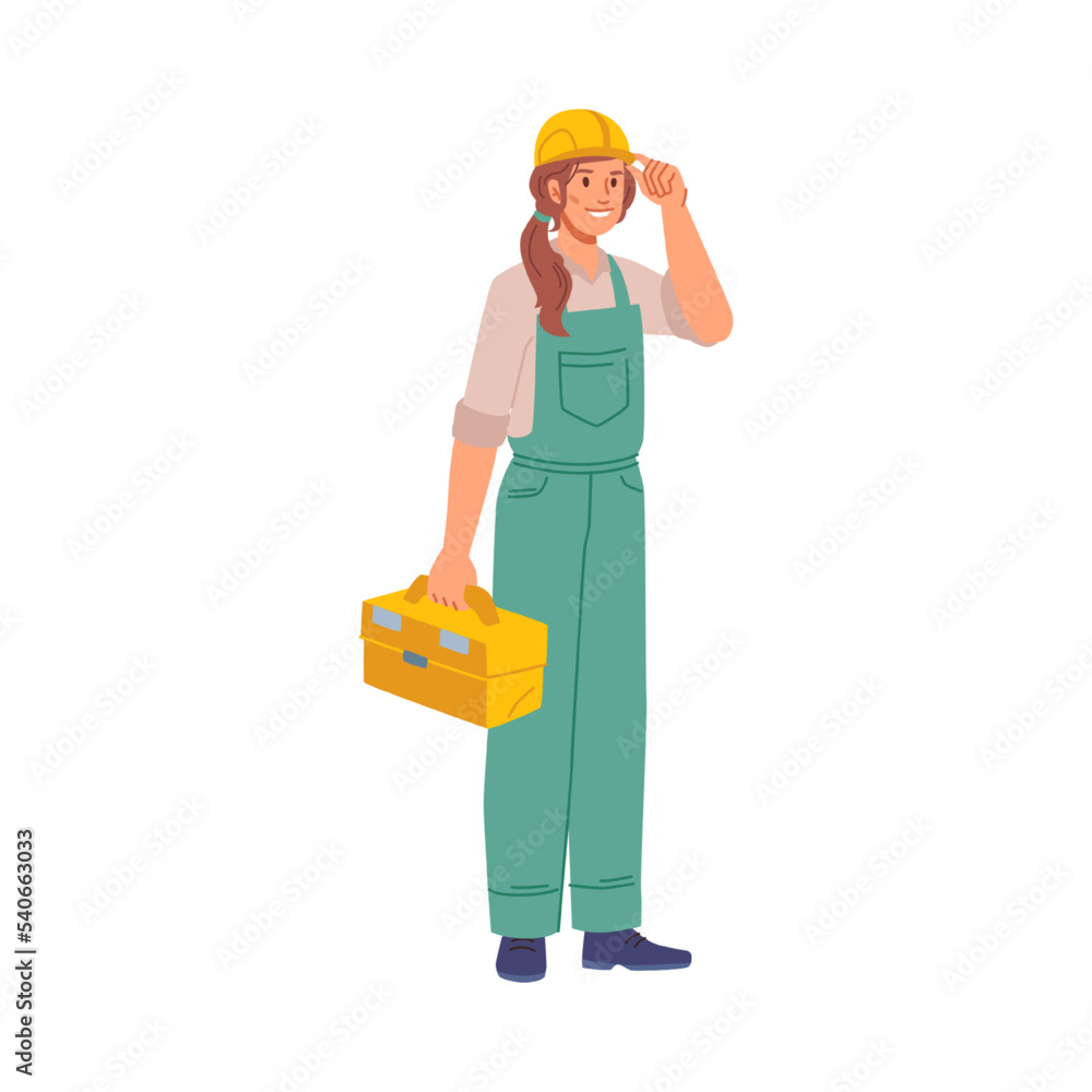 Builder or handywoman with tool box. Isolated woman with instruments for repairing and building works. Personage or character, vector in flat cartoon style Builder or handywoman with tool box. Isolated woman with instruments for repairing and building works. Personage or character, vector in flat cartoon style