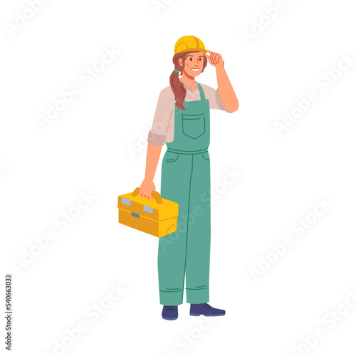 Builder or handywoman with tool box. Isolated woman with instruments for repairing and building works. Personage or character, vector in flat cartoon style