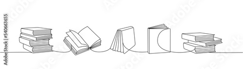 Books set one line continuous drawing. Bookstore, library continuous one line illustration. Vector minimalist linear illustration.
