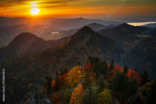 A beautiful view of the Pieniny Mountains from the top of Three Crowns peak at sunset. Poland