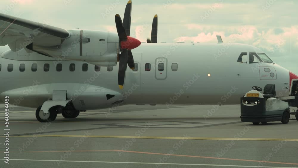 Twin-engine Turboprop Aircraft Propellers Spinning Before Take Off At ...