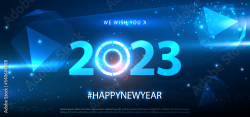 2023 Happy New Year vector holiday in technology sci fi background banner. Numeral 2023 Hitech communication digital business with glowing light. 2023 digital futuristic glowing illustration. Vector