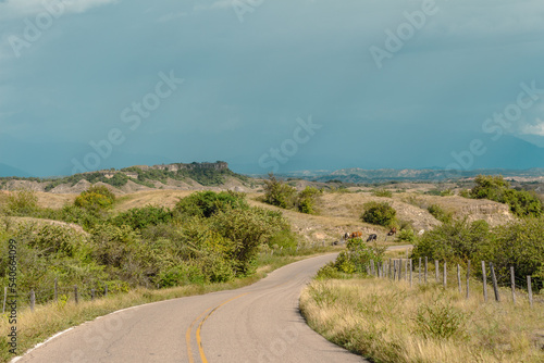 Colombian landscape between Neiva (Huila) and Villavieja showing a road, almost desertic soils, cows, hills and clouds. Colombia.
