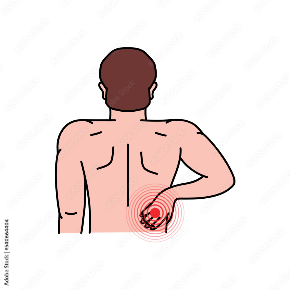 Fototapeta premium Pain and injury in the human back. Human backache. Health problem of muscle pain and spinal issues. Vector illustration