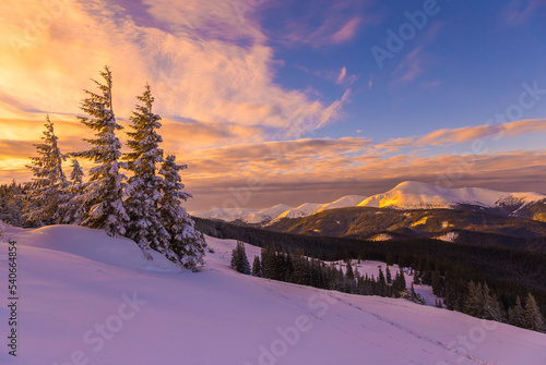  Magnificent winter landscape with colorful sky. Frosty morning on the farm. Amazing sunrise in Carpathian mountains, Ukraine, Europe. Christmas holiday concept. Perfect winter wallpaper.