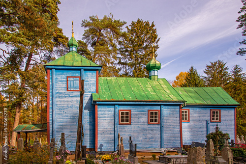 A wooden temple built in 1815, the Orthodox Church of St. Onuphrius the Great at the cemetery near the city of Bielsk Podlaski in Podlasie, Poland. photo
