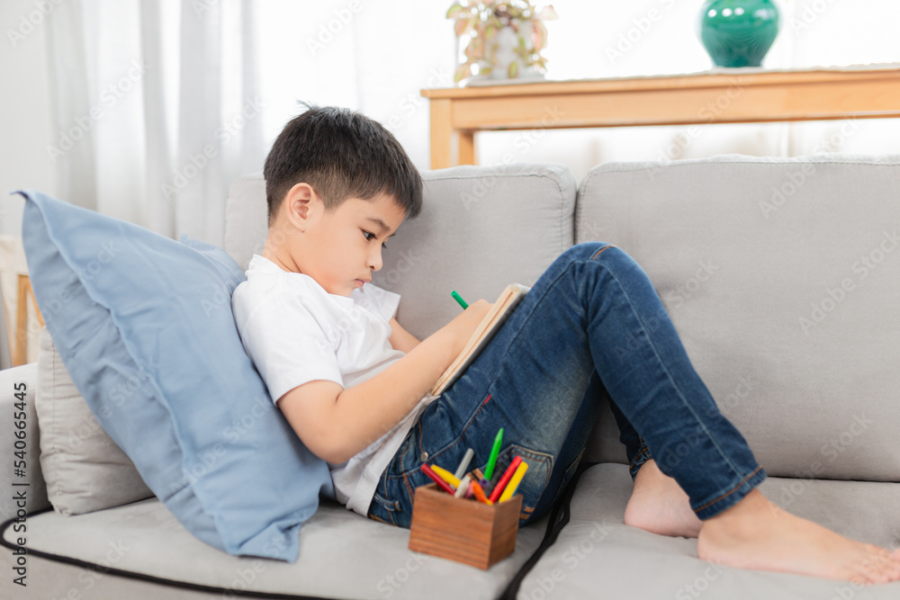 Asian boy learning to use color pen and write on notebook, he feel fun and happy to do home work, he stay on sofa Asian boy learning to use color pen and write on notebook, he feel fun and happy to do home work, he stay on sofa