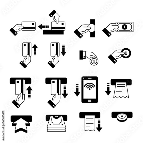 Set of Credit Card, ATM, Hand and Coins icons. ATM, Credit card. Euro and Dollar, Cash wallet, exchange. Banking credit card, atm payment. Economy And Banking concept, line style editable Vector Set