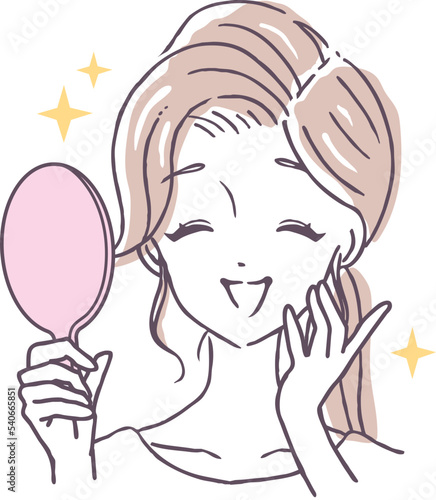 キラキラした満面の笑みで鏡を見る幸せそうな若い女性のイラスト素材
