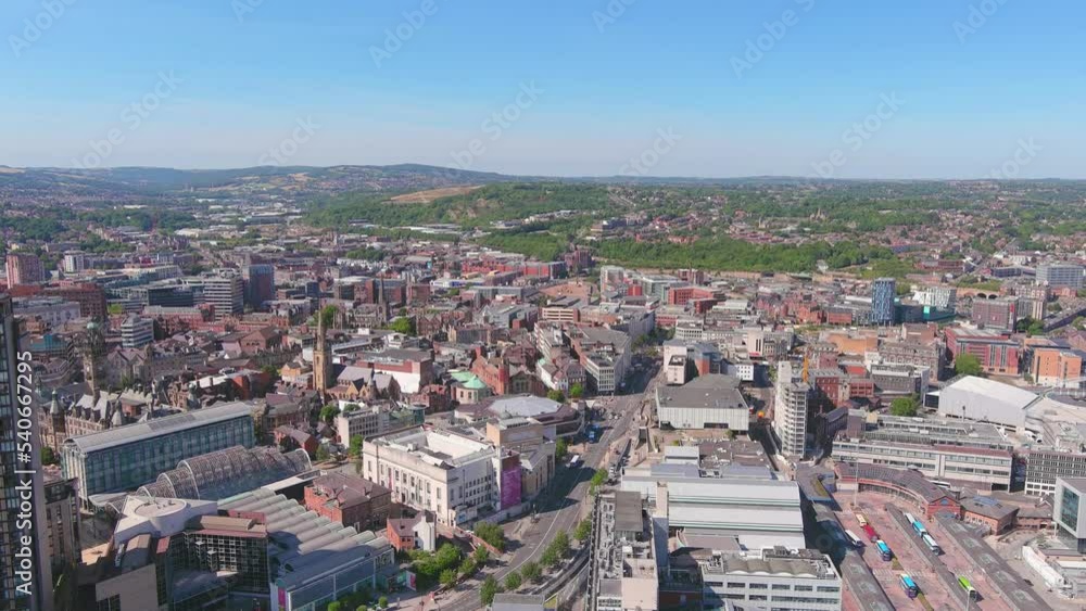 Sheffield, UK: Aerial view of city in England, center of city with modern high-rise buildings - landscape panorama of United Kingdom from above Sheffield, UK: Aerial view of city in England, center of city with modern high-rise buildings - landscape panorama of United Kingdom from above