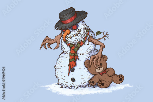 Evil Snowman Illustration | Bad Snowman Illustrations | Snowman SVG | Snowman Clipart | Evil Snowman Vector | Evil Snowman Carrying Teddy Bear