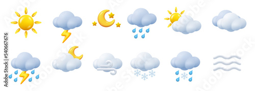 Weather conditions and various forecast icons. Isolated sunshine and thunderbolts, heavy rain and fog, wind and blizzard. Vector in 3d, realistic style. Rainy and sunny weather, clouds and mist