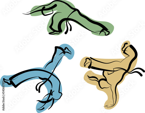 People doing capoeira movements. Black ink designed line arts of woman and man performing capoeira acrobatics. Vector logo icon illustration.