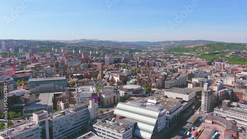Sheffield, UK: Aerial view of city in England, center of city with modern high-rise buildings - landscape panorama of United Kingdom from above photo