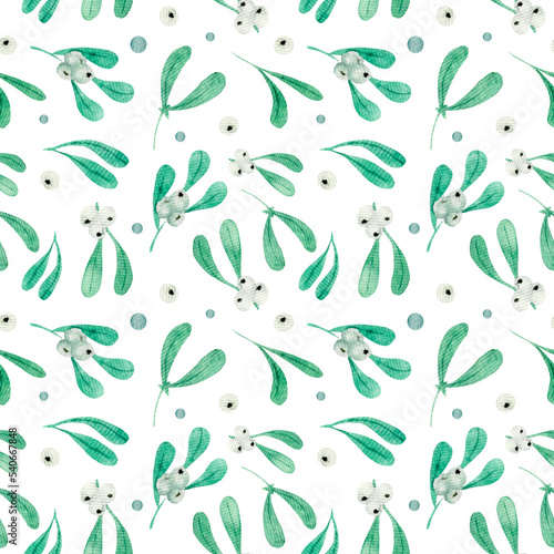 Watercolor seamless Christmas pattern, mistletoe on white background. For various products, fabric, wrapping paper etc.