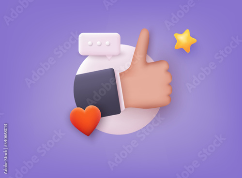 Hand thumb up or like sign. Success or good feedback, positive concept and like symbol. 3D Web Vector Illustrations.