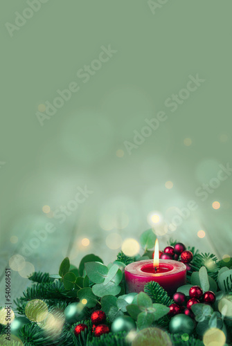 Burning Advent Candle - Abstract Christmas Background - First Advent Sunday -  Vertical, upright format with copy space