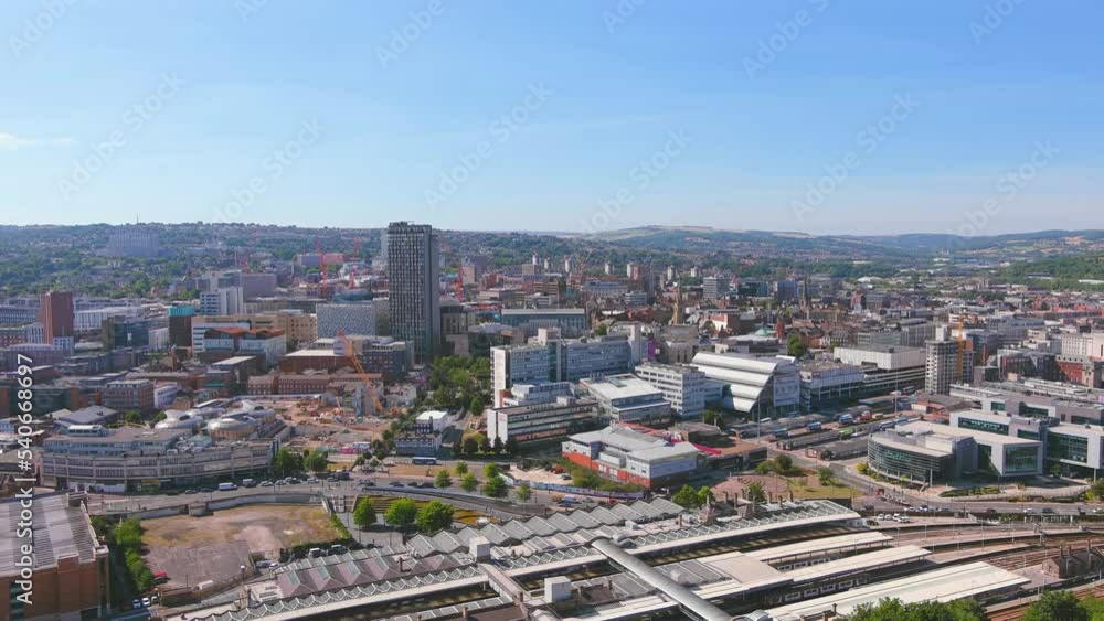 Sheffield, UK: Aerial view of city in England, center of city with modern high-rise buildings - landscape panorama of United Kingdom from above Sheffield, UK: Aerial view of city in England, center of city with modern high-rise buildings - landscape panorama of United Kingdom from above