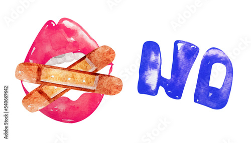 Medical plaster closes lips, no, speech, dialogue, silence watercolor illustration. Template for decorating designs and illustrations. photo