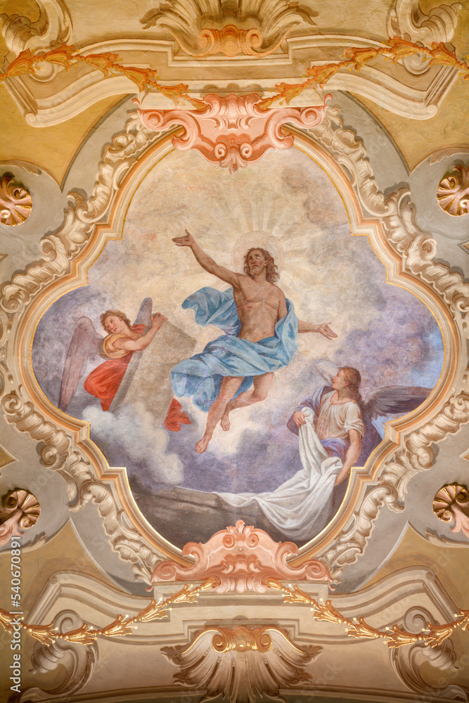 COURMAYEUR, ITALY - JULY 12, 2022: The ceiling fresco of Resurrection in church Chiesa di San Pantaleone originaly by Giacomo Gnifetti from18. cent. and restored in1957 by Nino Pirlato.