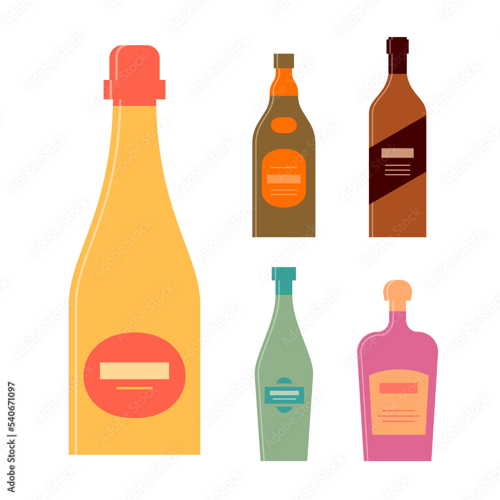 Set bottles of champagne rum balsam vermouth cream. Icon bottle with cap and label. Graphic design for any purposes. Flat style. Color form. Party drink concept. Simple image shape Set bottles of champagne rum balsam vermouth cream. Icon bottle with cap and label. Graphic design for any purposes. Flat style. Color form. Party drink concept. Simple image shape
