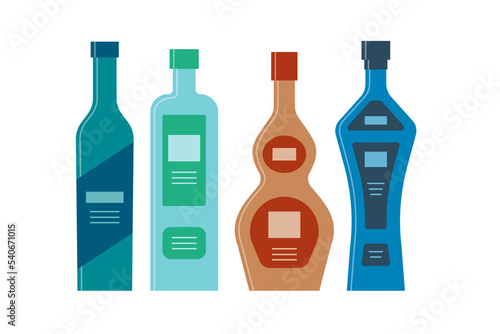 Bottle of gin, vodka, balsam, schnapps in row. Icon bottle with cap and label. Great design for any purposes. Flat style. Color form. Party drink concept. Simple image shape