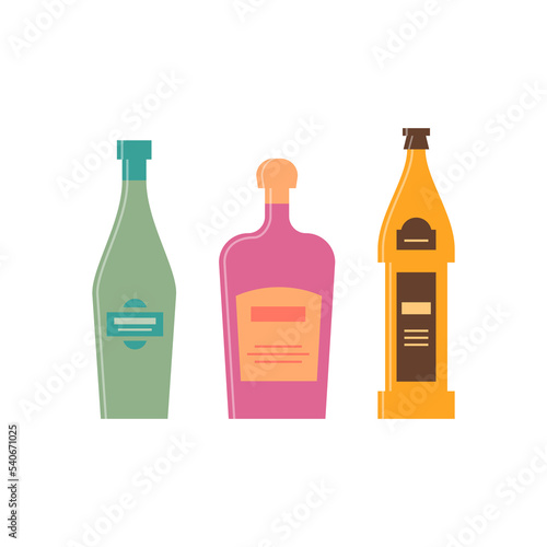 Set bottles of vermouth liquor beer. Icon bottle with cap and label. Great design for any purposes. Flat style. Color form. Party drink concept. Simple image shape