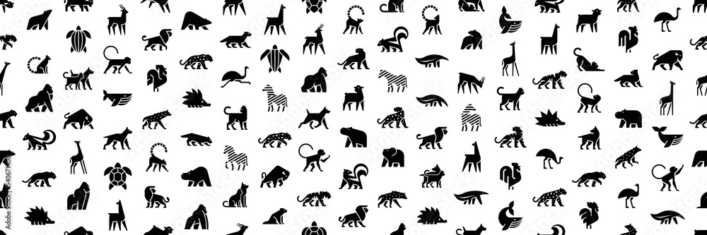 Fototapeta premium Seamless pattern with Animals logos. Animal logo set. Isolated on White background 