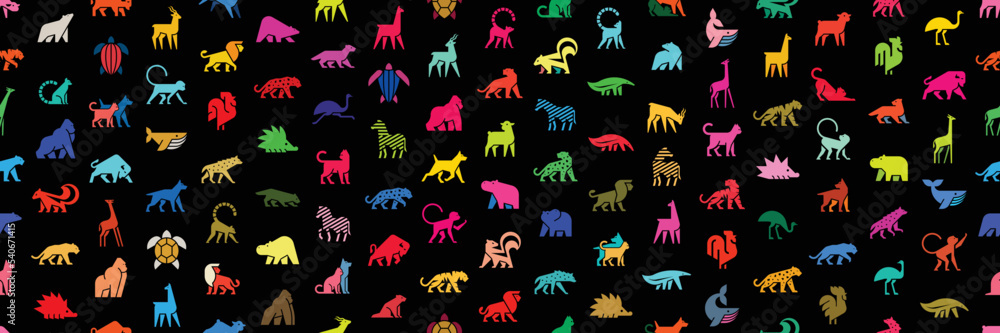 Seamless pattern with Animals logos. Animal logo set. Isolated on Black background	