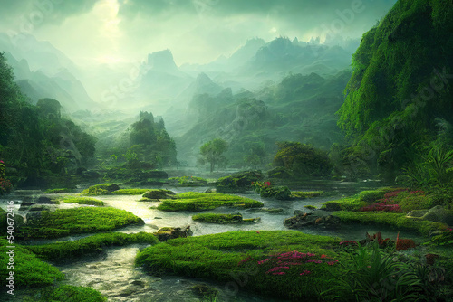 fantasy world landscape, garden of eden