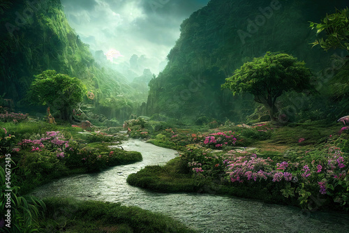 Photo fantasy world landscape, garden of eden