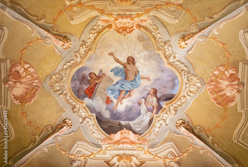 COURMAYEUR, ITALY - JULY 12, 2022: The ceiling fresco of Resurrection in church Chiesa di San Pantaleone originaly by Giacomo Gnifetti from18. cent. and restored in1957 by Nino Pirlato. photo
