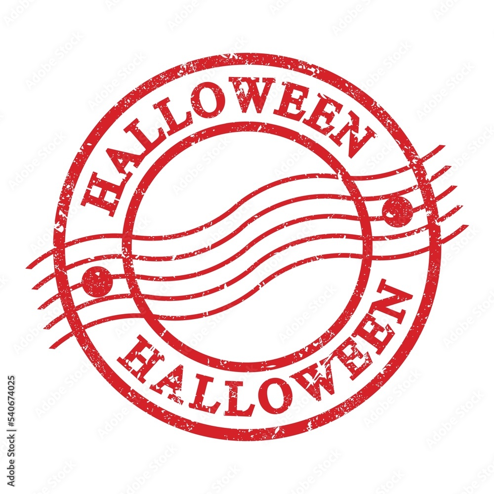 HALLOWEEN, text written on red postal stamp. HALLOWEEN, text written on red postal stamp.