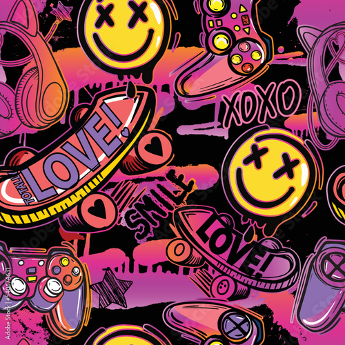 Abstract seamless Grunge girlish pattern with skateboards   headphones  game pads and graffiti background.  Repeat print for girl  fashion textile  sport clothes.