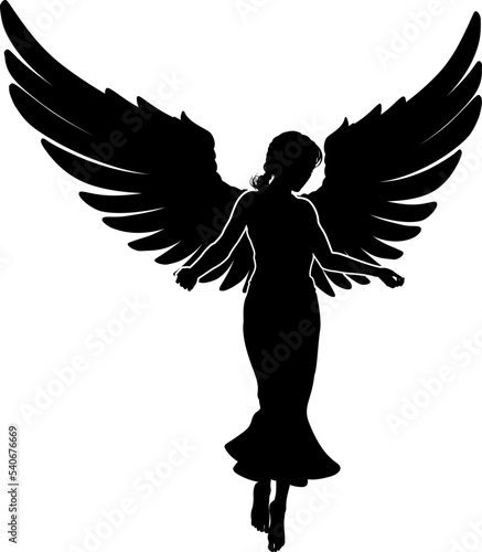 A flying female angel woman with feather wings silhouette