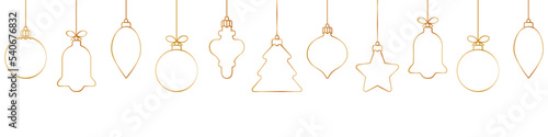 Christmas ball golden line icon.Set of simple golden christmas balls isolated on white background.Holiday christmas decoration.Christmas and New Year seamless banner or border.