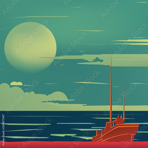 Claret schooner against the background of a large moon in green-yellow tones