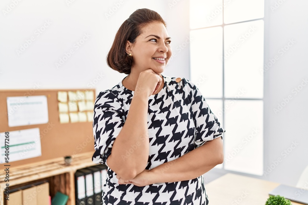 Middle age hispanic woman smiling confident working at office Middle age hispanic woman smiling confident working at office