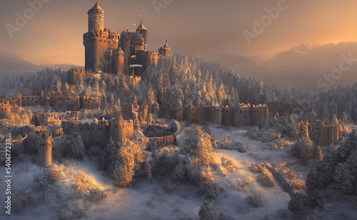 Illustration of a medieval castle in the mountains