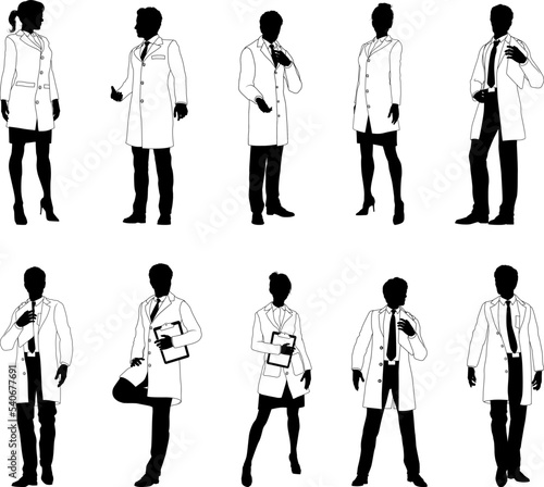 Silhouette people scientists, engineers professors set. Men and women in lab coats. Some holding clipboard checklists. Maybe chemists, science teachers or pharmacists doing experiments or surveying.