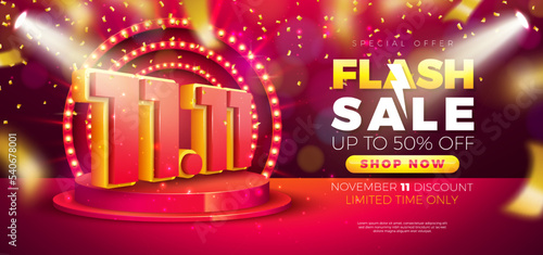 11 November Shopping Day Flash Sale Design with 3d 11.11 Number and Stage Podium on Red Background. Vector Special Offer Illustration for Coupon, Voucher, Banner, Flyer, Promotional Poster, Invitation