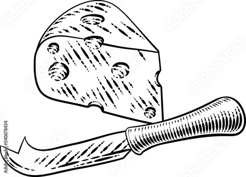 A wedge of Swiss cheese and knife in a vintage woodcut etching style