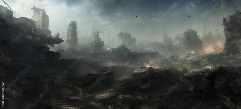 Sad Landscape Of Destruction. Movie Concept Digital Painting Illustration. Ruined City. Remains Unusable. Apocalypse Natural Or War.