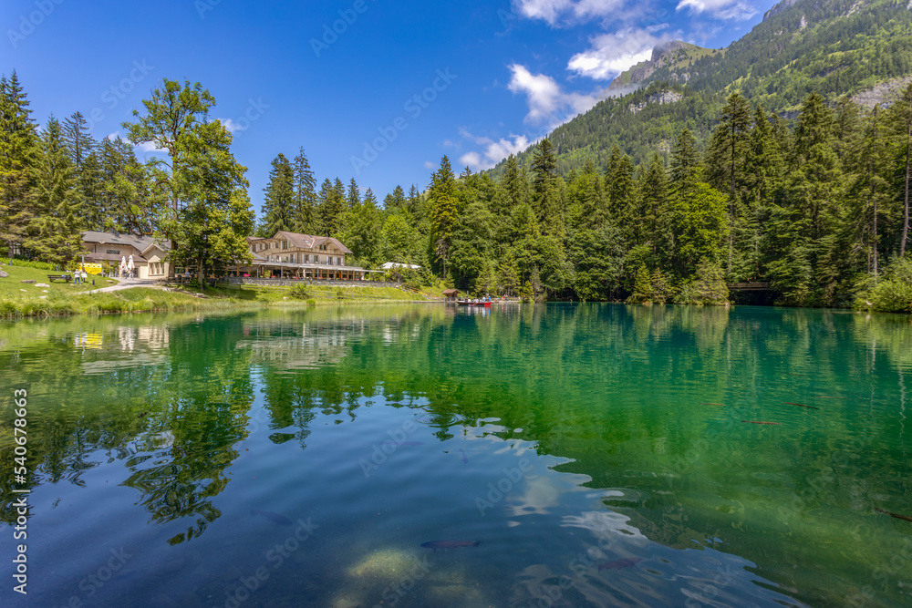 View of Blausee (The Blue lake) in Bernese Oberland, famous tourist destination in Switzerland