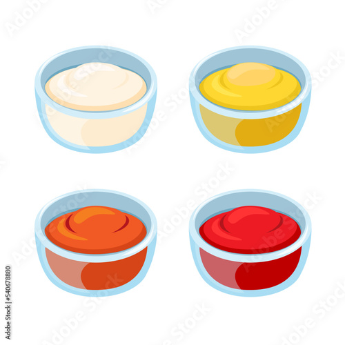 Sauce Mayonaise and mustard in bowl glass symbol set cartoon illustration vector