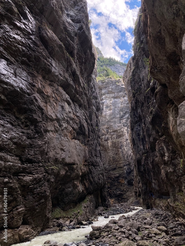 Obraz premium Rocky canyon in the Switzerland. Big rocks and boulders in the canyon. Summer day with blue sky canyon with green forest on the top. Huge canyon with river and waterfalls inside. 