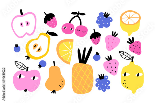 set of cute fruits in hand drawn flat style. vector illustration