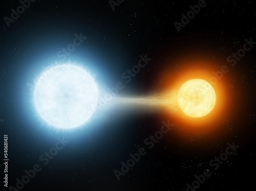 A star with powerful gravity absorbs the matter of another star. Double star system. The process of accretion of matter between two massive stars.